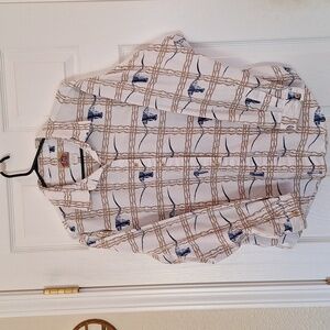 Ladies Barnfly Button Shirt with Longhorn Steer Logo. 100% Cotton, USA size L